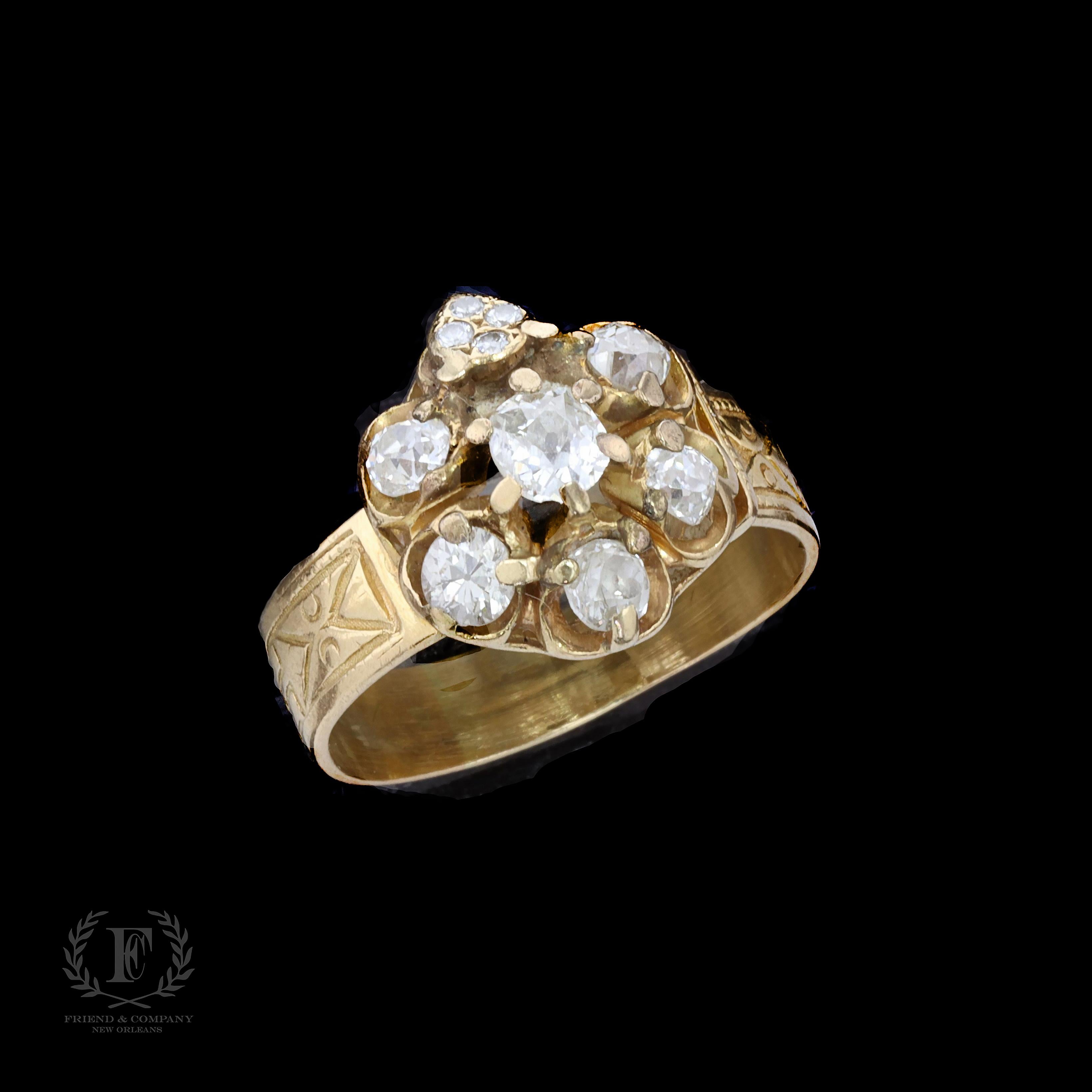 This unique diamond flower ring is set with sparkling old mine and round cut diamonds that weigh approximately 1.00 carat. The color of these diamonds is I-J with VS clarity. The ring weighs 5.2 grams. It is size 7 1/4, but it can be re-sized.