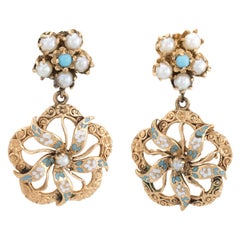 Vintage Flower Drop Earrings Turquoise Pearl Enamel 14 Karat Gold Fine Jewelry