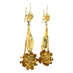 Vintage Flower Earrings, Natural Bontanical Dangles, 14 Karat Yellow Gold