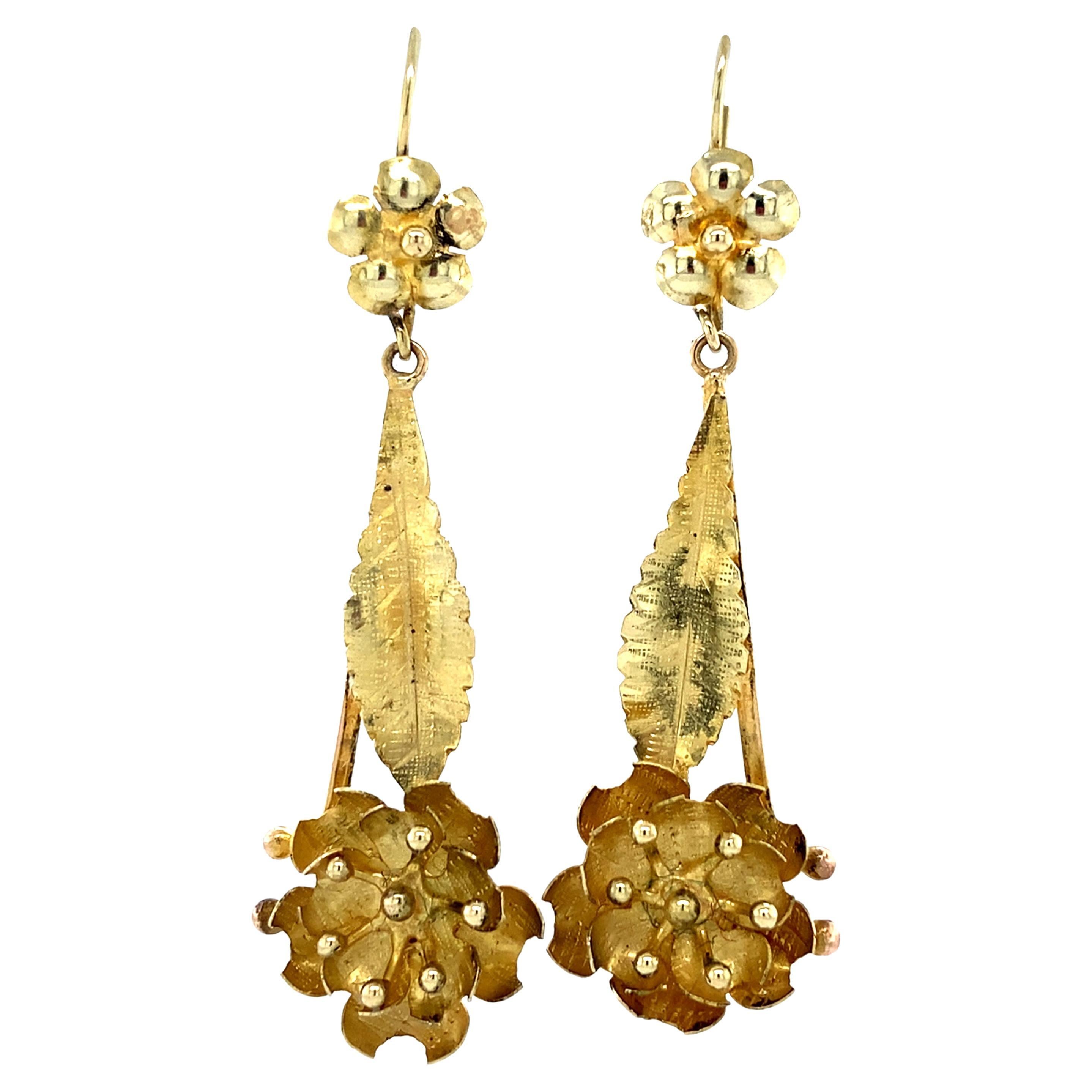 Vintage Flower Earrings, Natural Bontanical Dangles, 14 Karat Yellow Gold