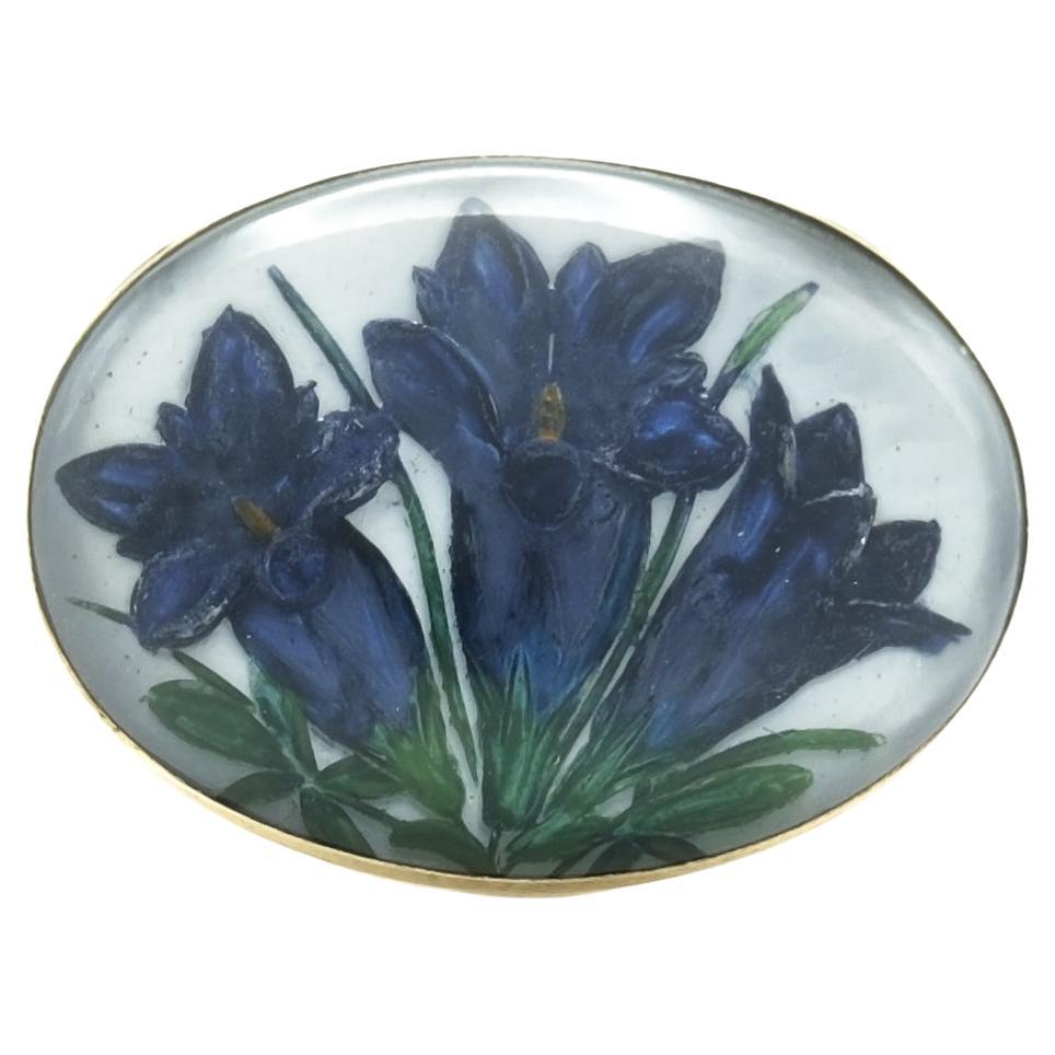 Vintage Essex Kristall-Brosche/Anstecknadel, 14 Karat Gold, Blumen-Reverse-Gemälde, Intaglio, Essex