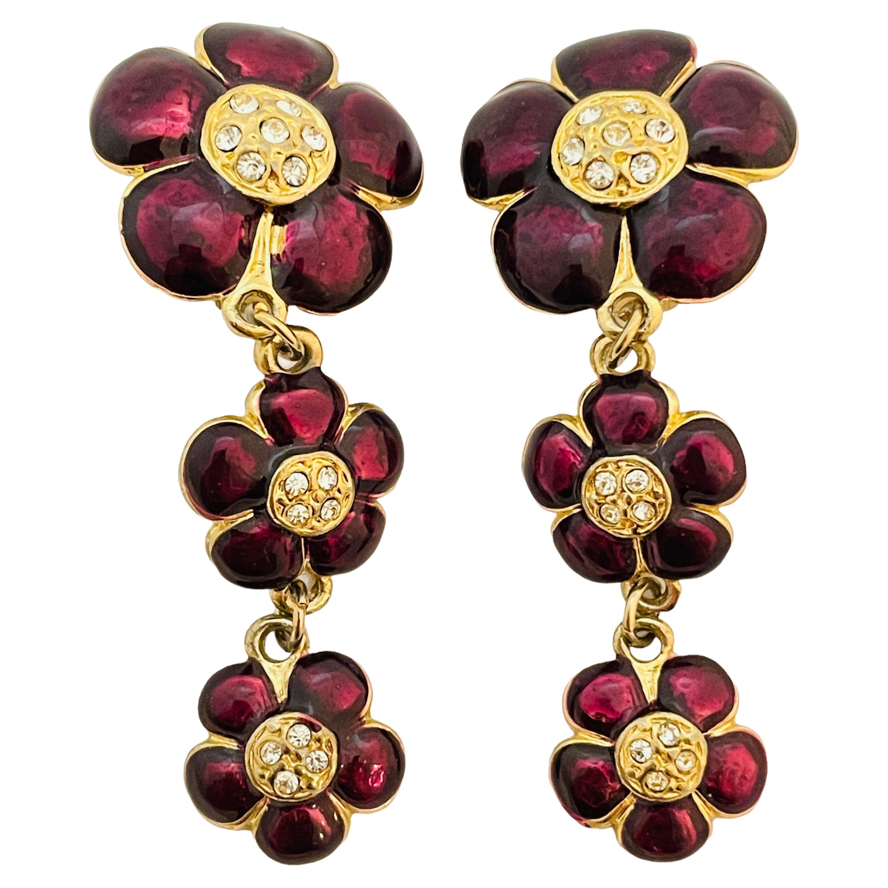 Vintage flower gold enamel rhinestone dangle designer runway clip on earrings For Sale