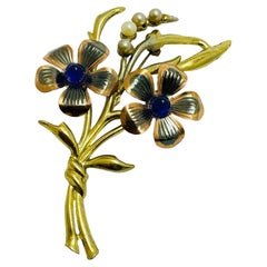 Vintage Blume Gold Silber Ton Perle Glas Designer Brosche