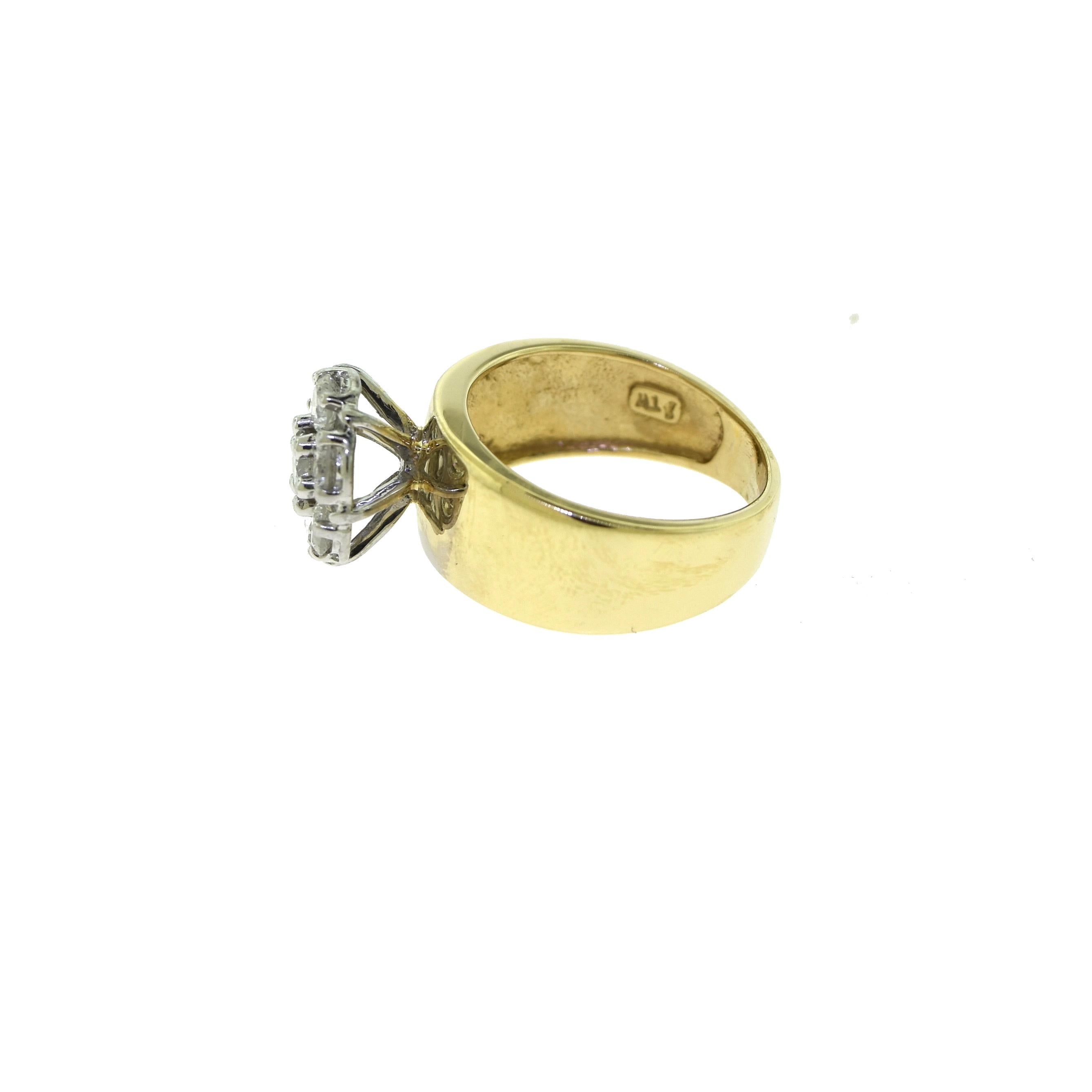 
Style: Flower Halo Ring

Metal: Yellow Gold

Metal Purity: 14k

Stones: 7 Round Diamonds

Diamond Color: G - H

Diamond Clarity: SI2

Total Carat Weight: approx. 1.4 ct 

Total Item Weight (grams): 5.5

Ring Top Diameter: 11.08 mm

Ring Size: