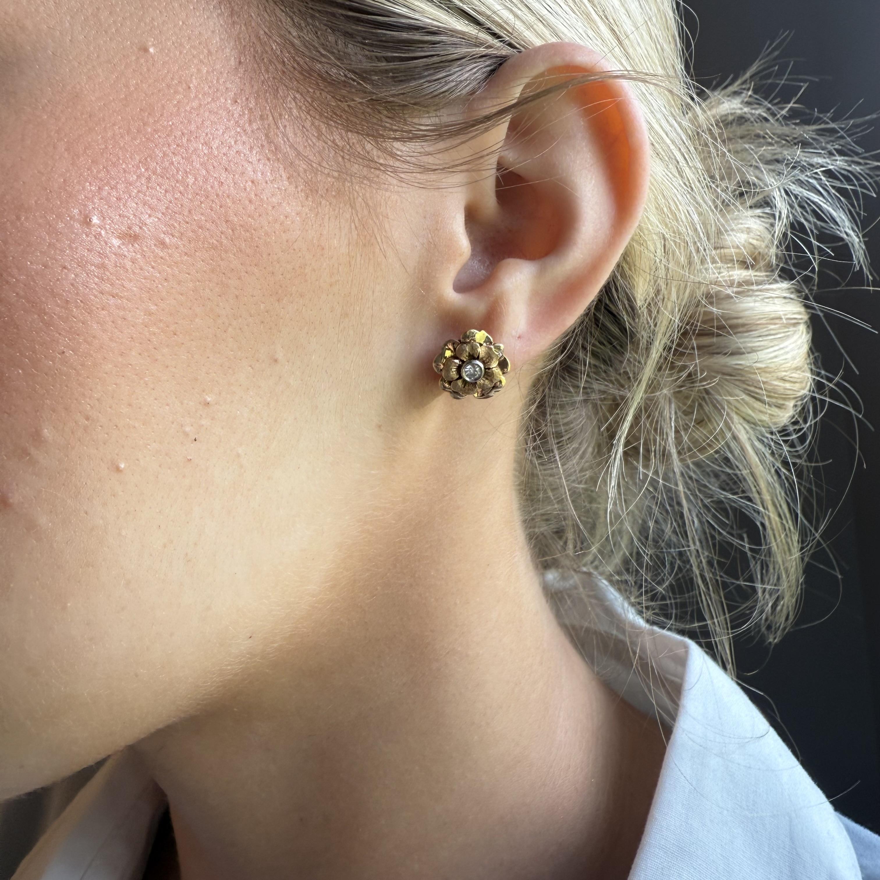 Art Deco Vintage Flower Inspired Rose Gold Diamond Stud Earrings For Sale