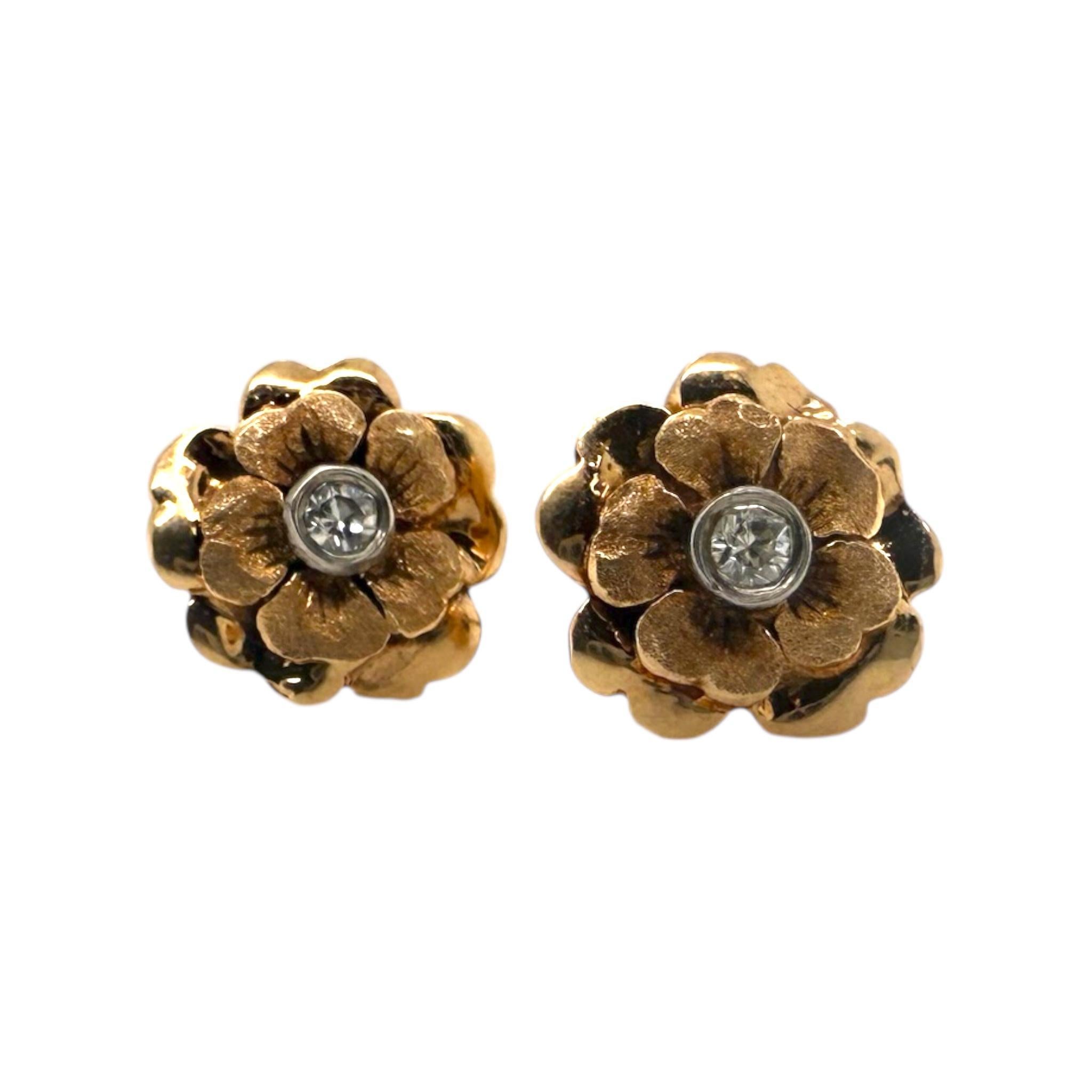Old European Cut Vintage Flower Inspired Rose Gold Diamond Stud Earrings For Sale
