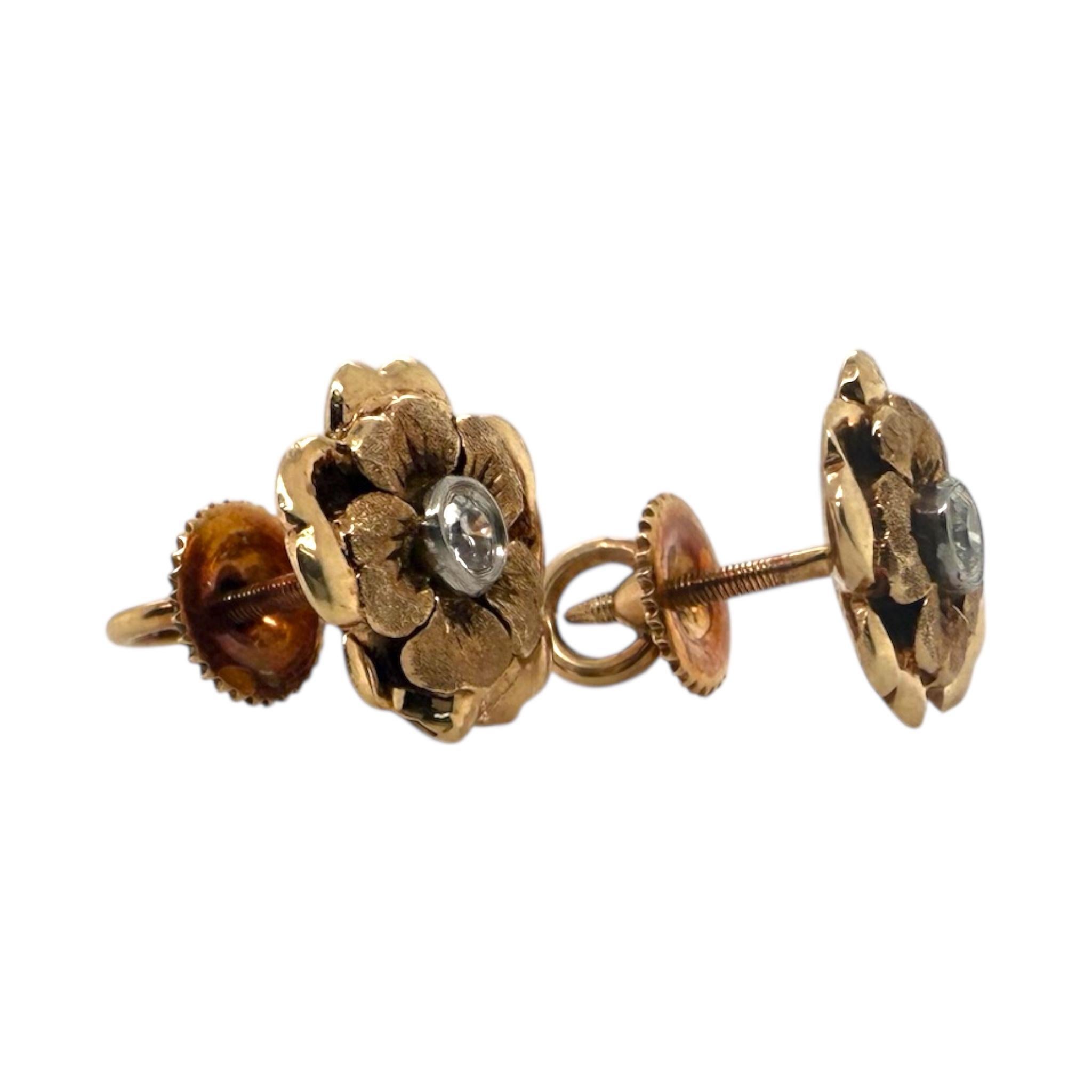 Women's Vintage Flower Inspired Rose Gold Diamond Stud Earrings For Sale