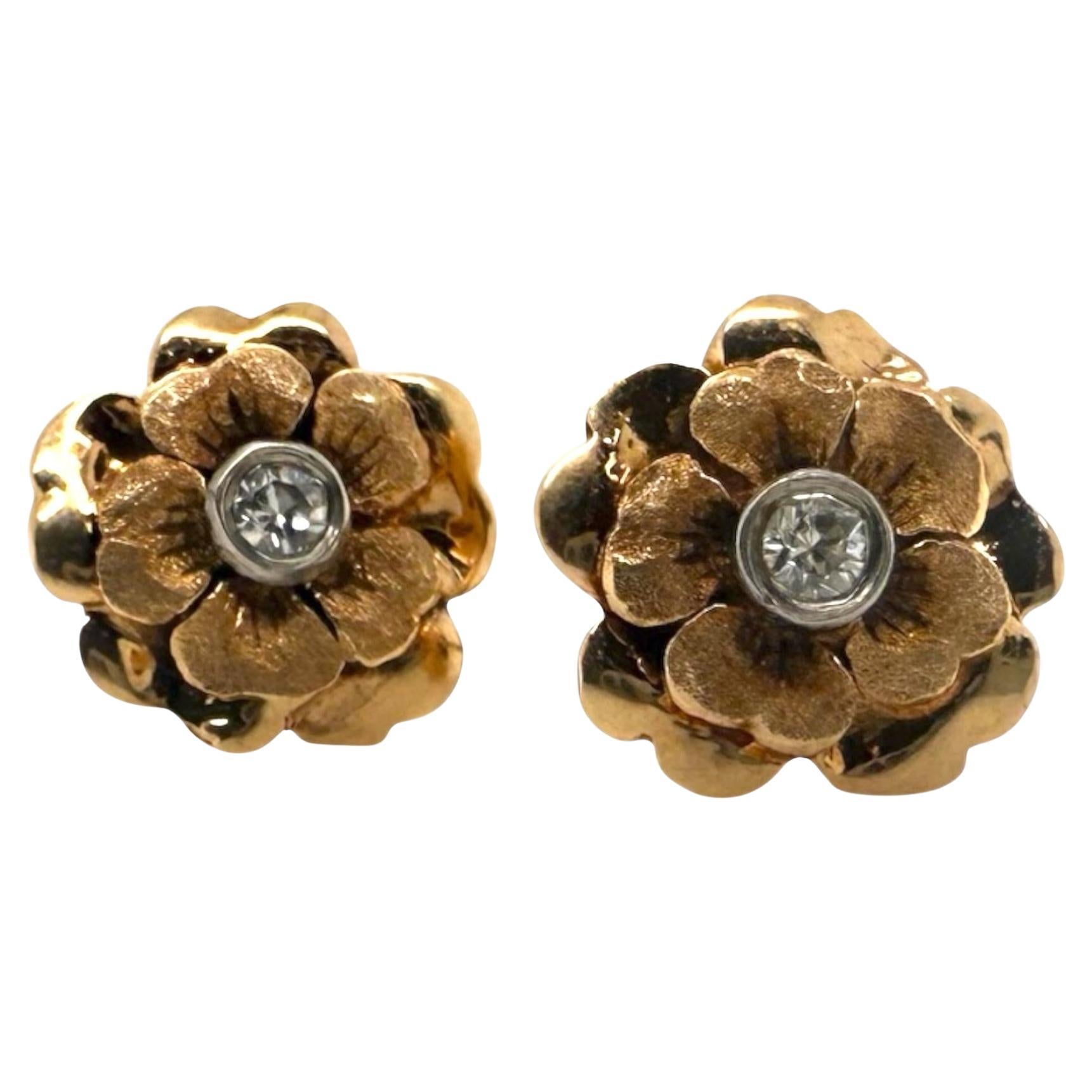 Vintage Flower Inspired Rose Gold Diamond Stud Earrings For Sale