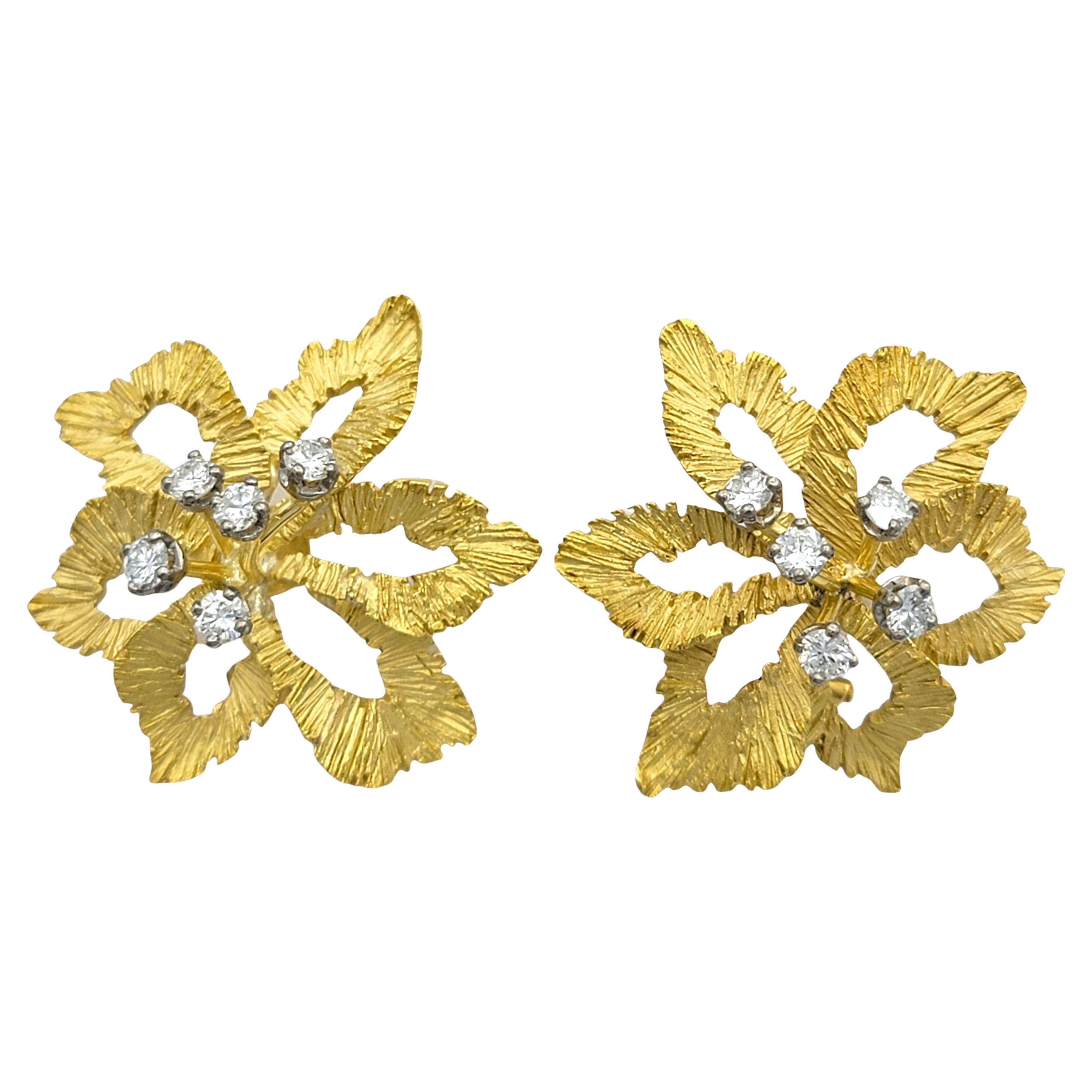 Vintage Flower Motif Clip On Earrings with Diamonds in Textured 18 Karat Gold