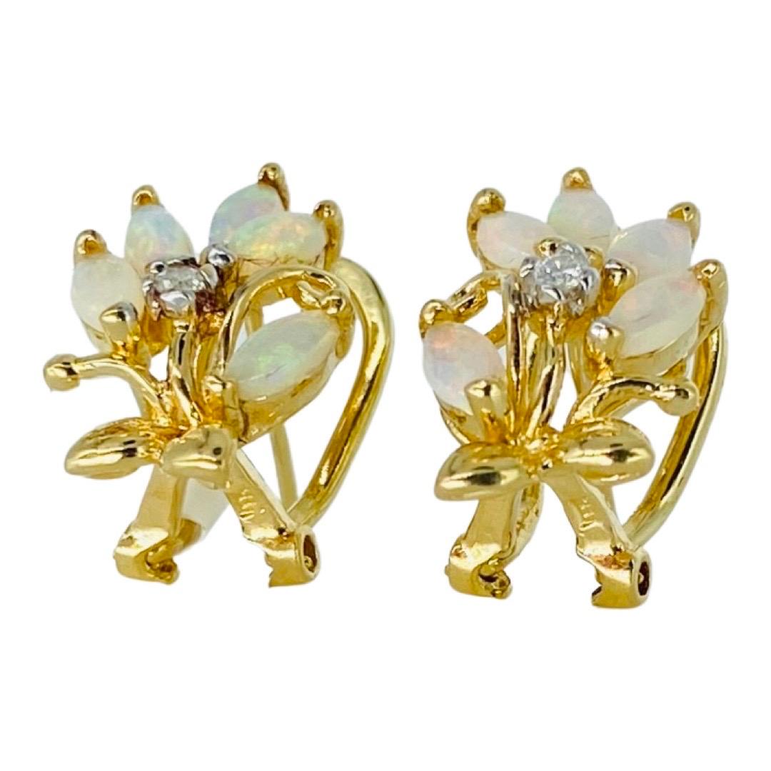 Women's Vintage Flower Motif Opals and Diamonds Omega Back Earrings 14k Gold 