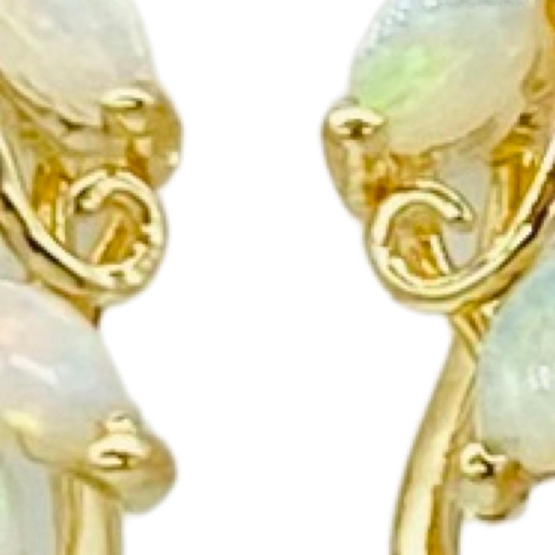 Vintage Flower Motif Opals and Diamonds Omega Back Earrings 14k Gold  1