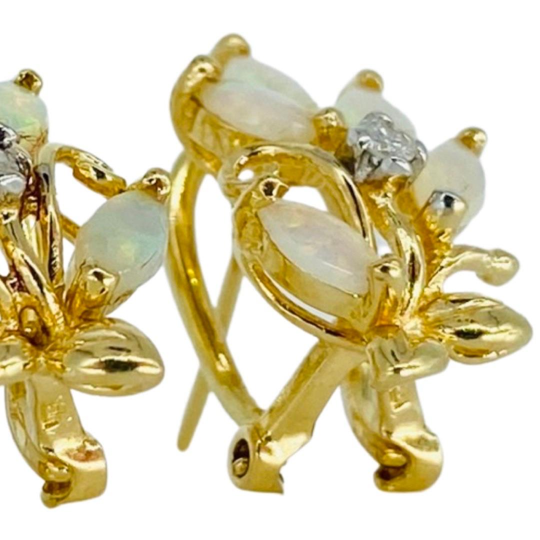 Vintage Flower Motif Opals and Diamonds Omega Back Earrings 14k Gold  2