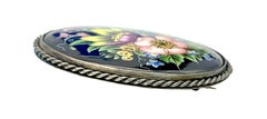 Vintage Flower Painting On Porcelain Sweden Fully Signed Silver Brooch