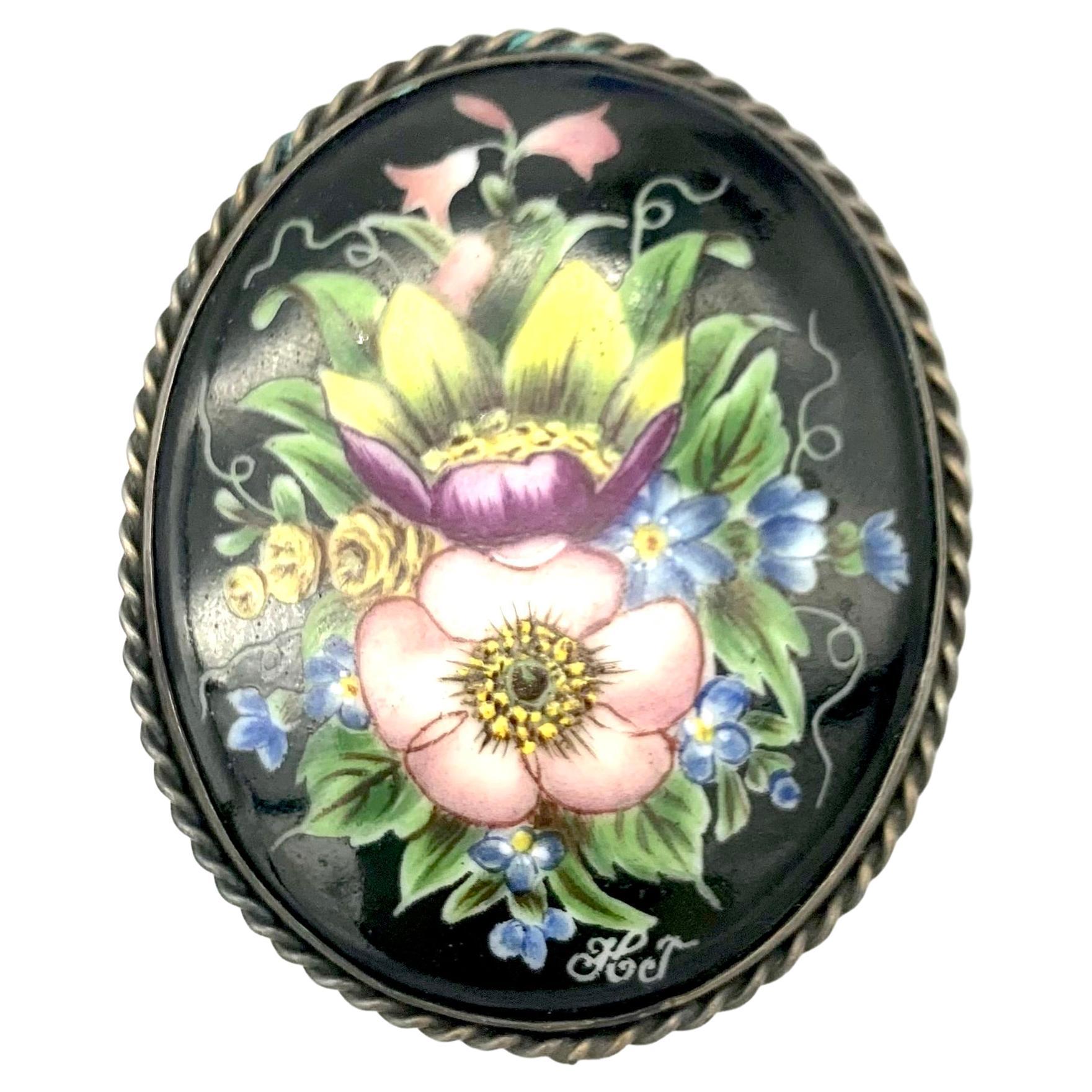 Vintage Flower Painting On Porcelain Sweden Fully Signed Silver Brooch For Sale
