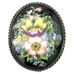 Vintage Flower Painting On Porcelain Sweden Fully Signed Silver Brooch