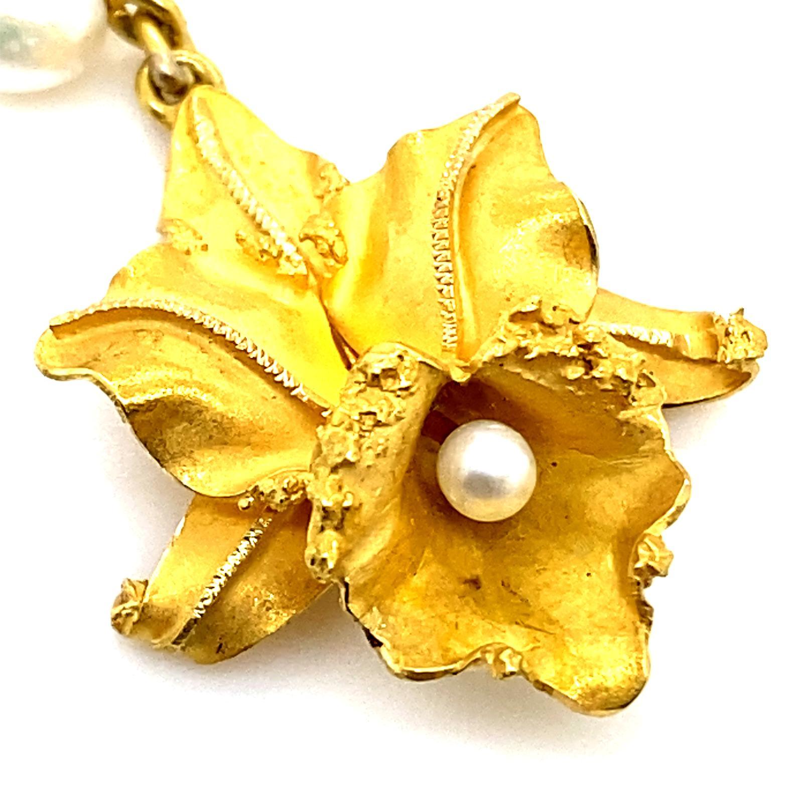 Vintage Blumenperlen-Tropfen-Ohrringe 14 Karat Gelbgold Damen im Angebot