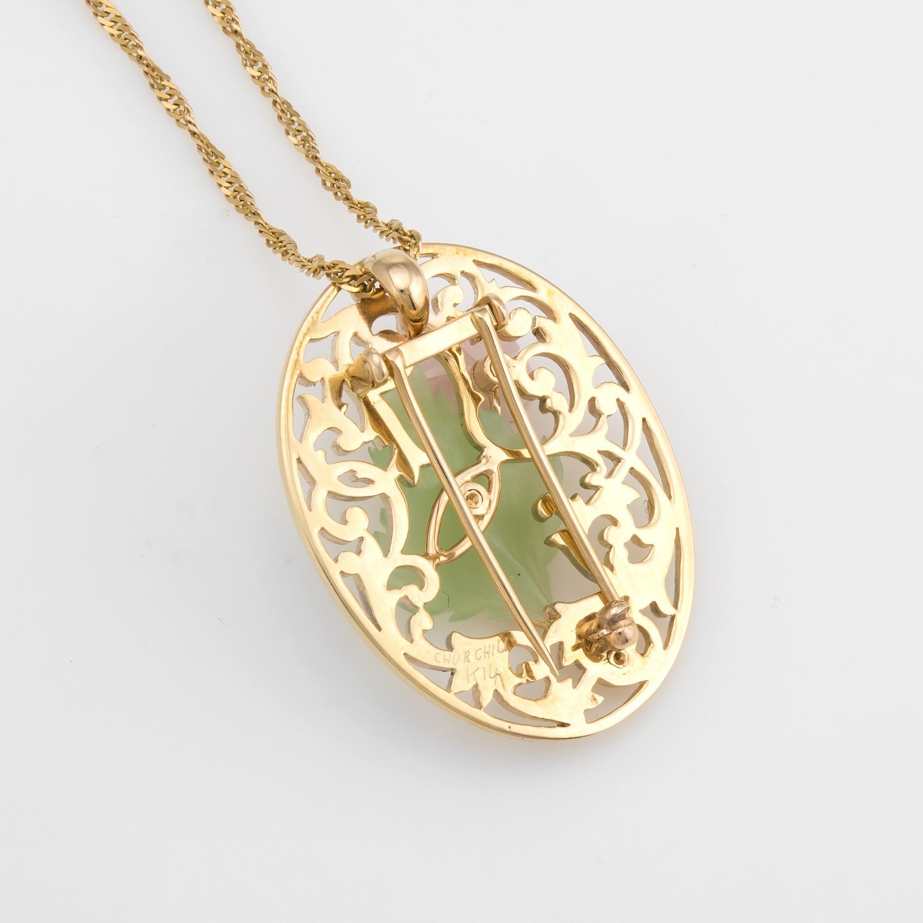 Finely detailed vintage flower pendant, crafted in 14 karat yellow gold.  

The carved green quartz leaf measures 20mm x 18mm and the smaller pink flower is carved in rose quartz measuring 9mm. The diamonds total an estimated 0.17 carats (estimated