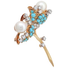 Vintage flower pin with turquoise, diamonds & Akoya pearls in 18K yellow gold