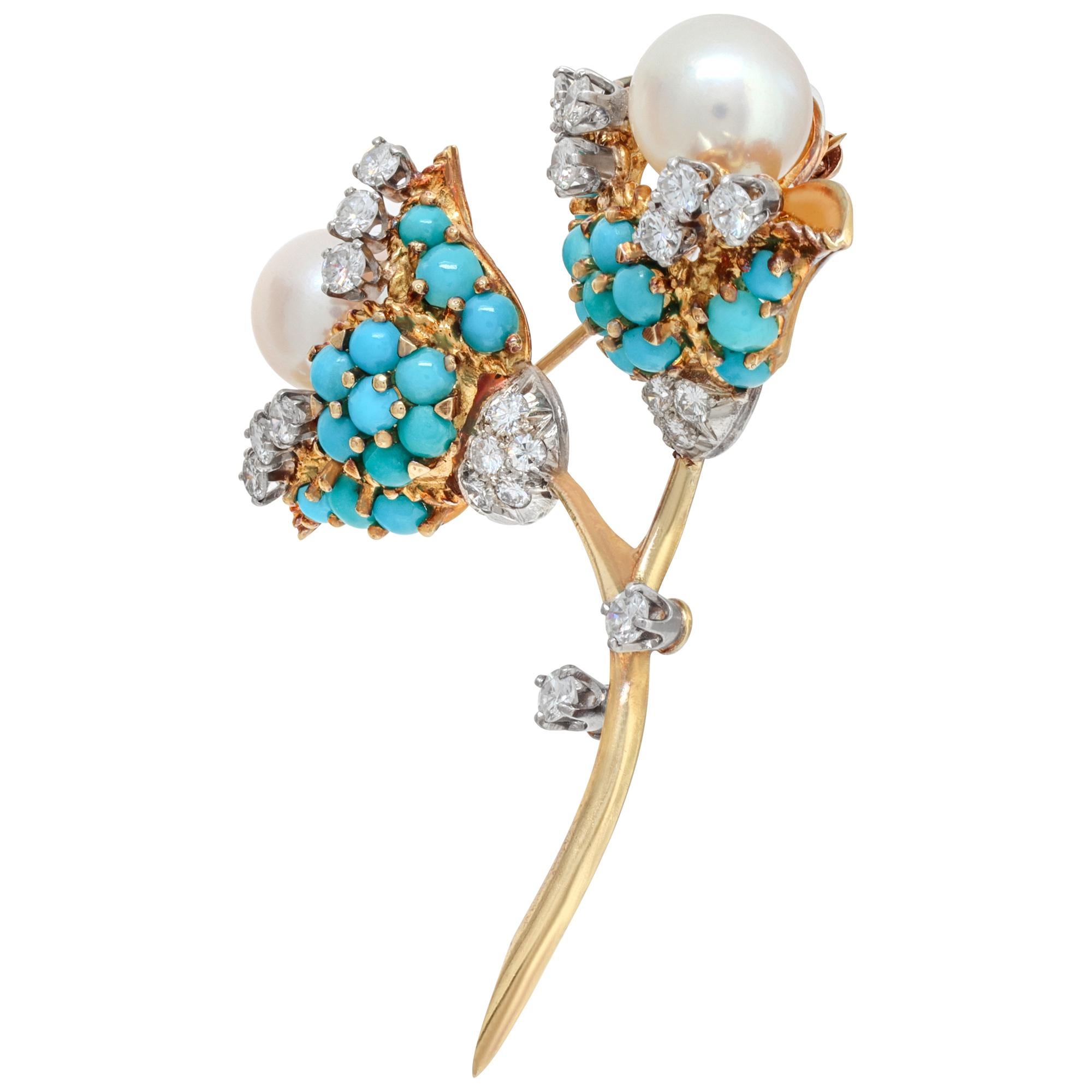 Alfiler flor vintage con turquesa, diamantes y perlas Akoya en oro amarillo de 18 quilates en Excelente estado para la venta en Surfside, FL