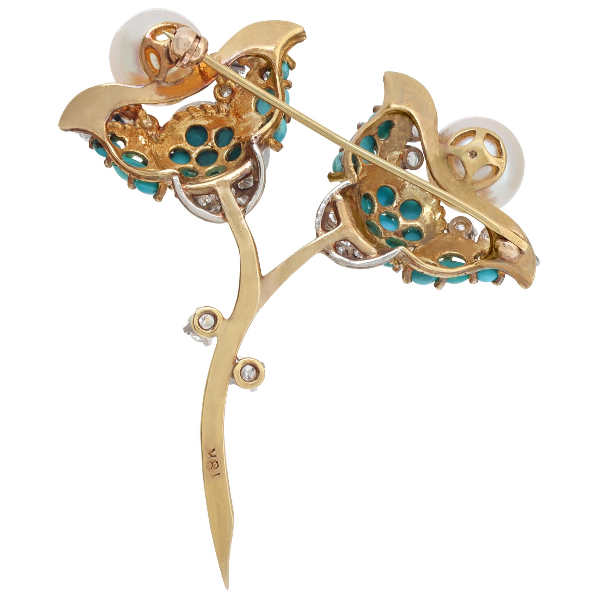 De las mujeres Alfiler flor vintage con turquesa, diamantes y perlas Akoya en oro amarillo de 18 quilates en venta