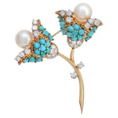 Vintage flower pin with turquoise, diamonds & Akoya pearls in 18K yellow gold