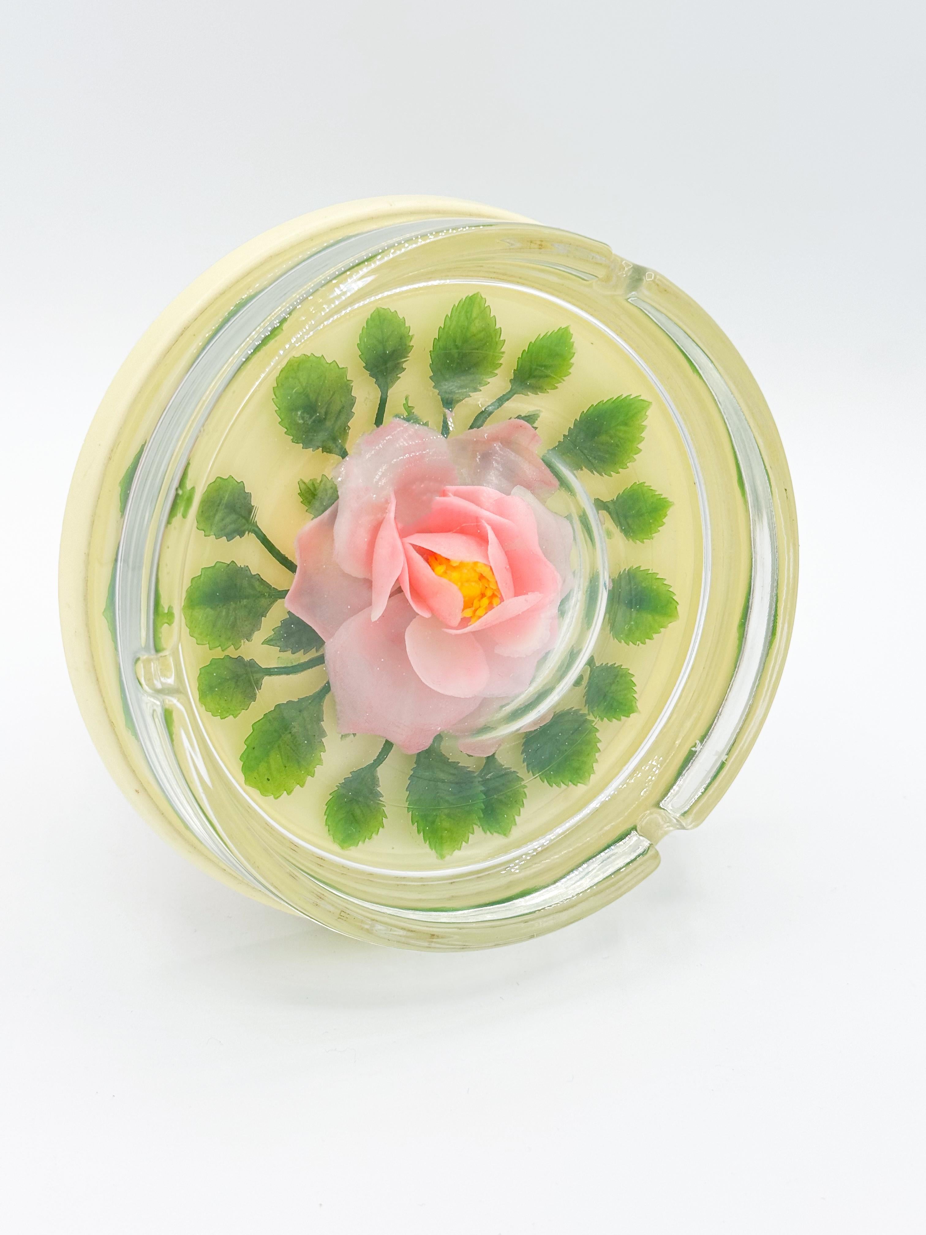Japanese Vintage Flower Pink Rose Encapsulated Ashtray Made in Japan 1960s For Sale