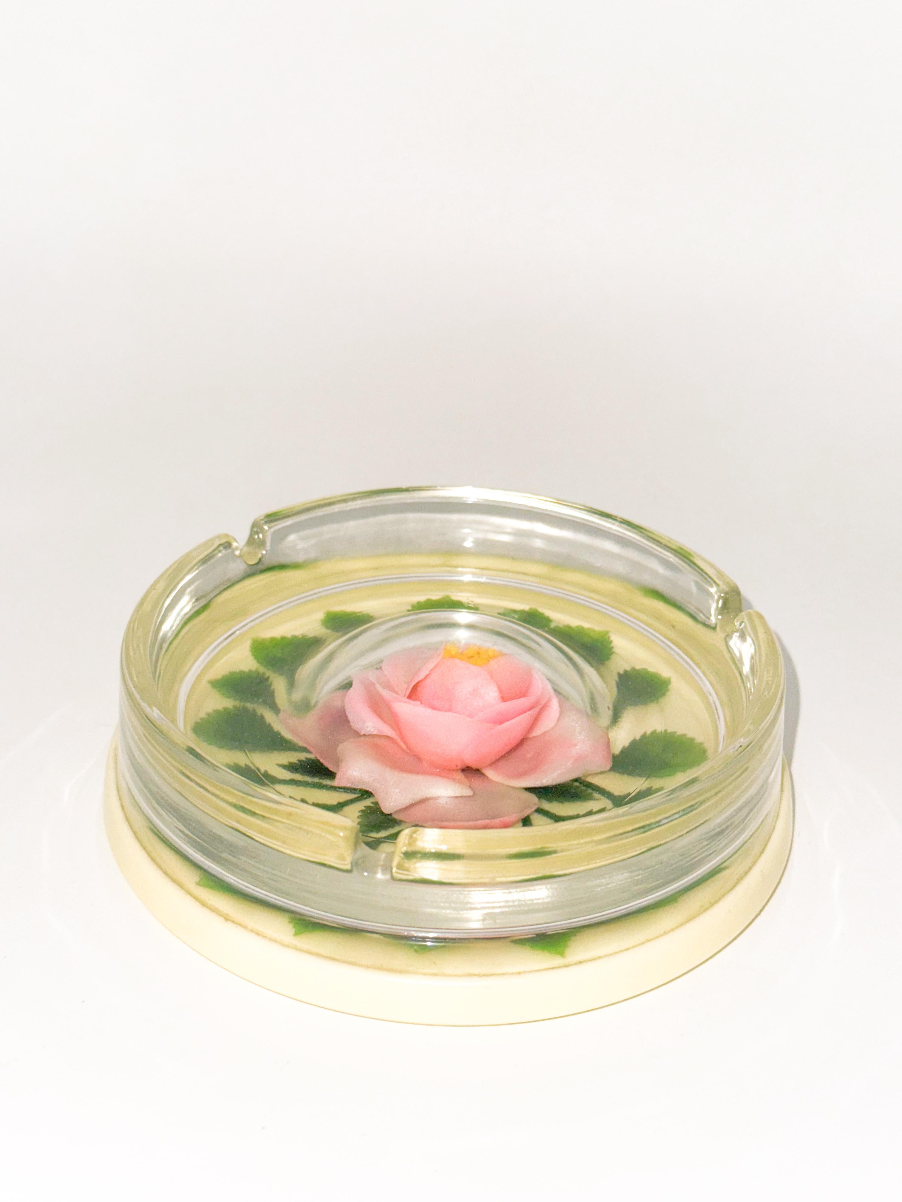 Vintage Flower Pink Rose Encapsulated Ashtray Made in Japan 1960s In Good Condition For Sale In Toronto, CA