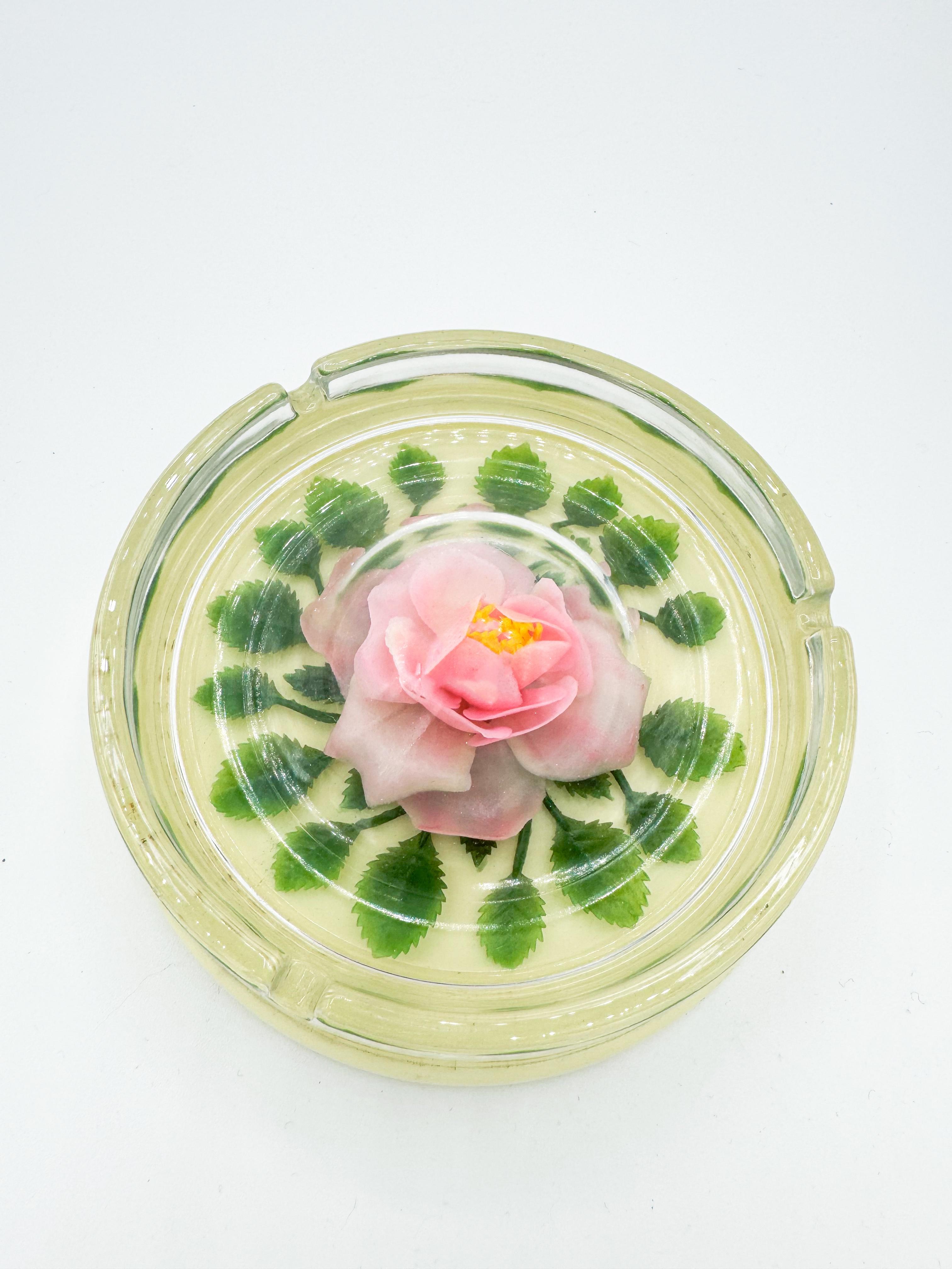 20th Century Vintage Flower Pink Rose Encapsulated Ashtray Made in Japan 1960s For Sale