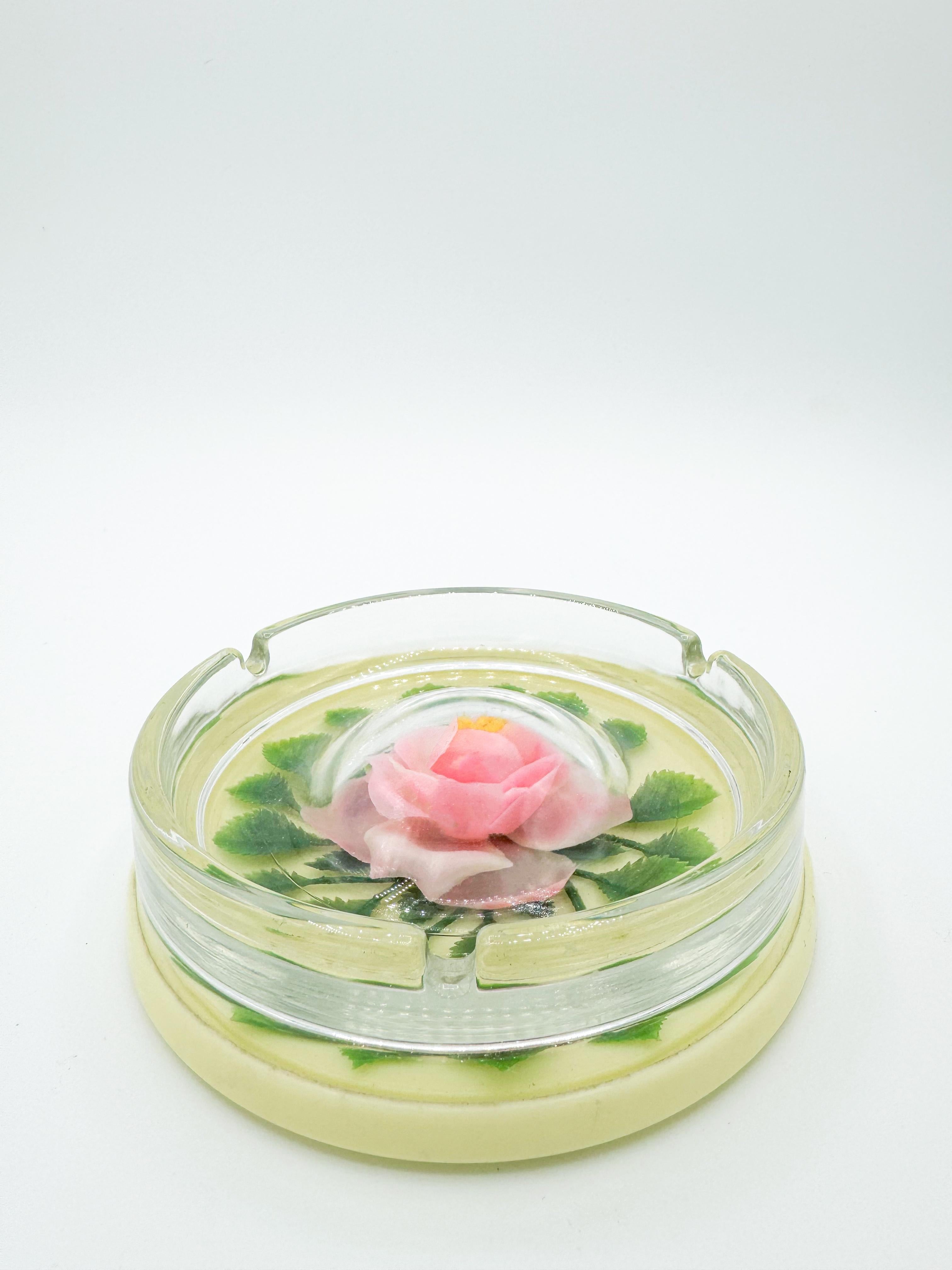 Glass Vintage Flower Pink Rose Encapsulated Ashtray Made in Japan 1960s For Sale
