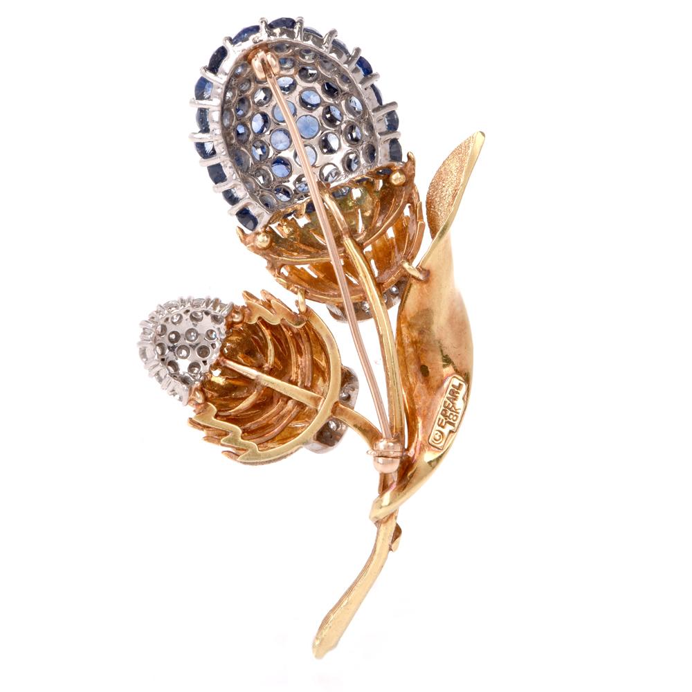Round Cut Vintage Flower Sapphire Diamond Yellow Gold Pin Brooch