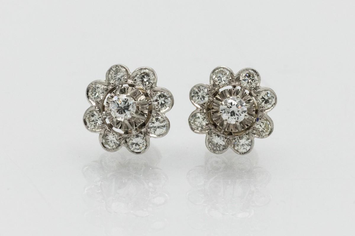 Women's Vintage Flower Shaped French White Gold 1, 30ct Diamond Earrings.
