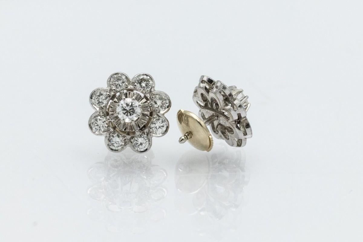 Vintage Flower Shaped French White Gold 1, 30ct Diamond Earrings. 2