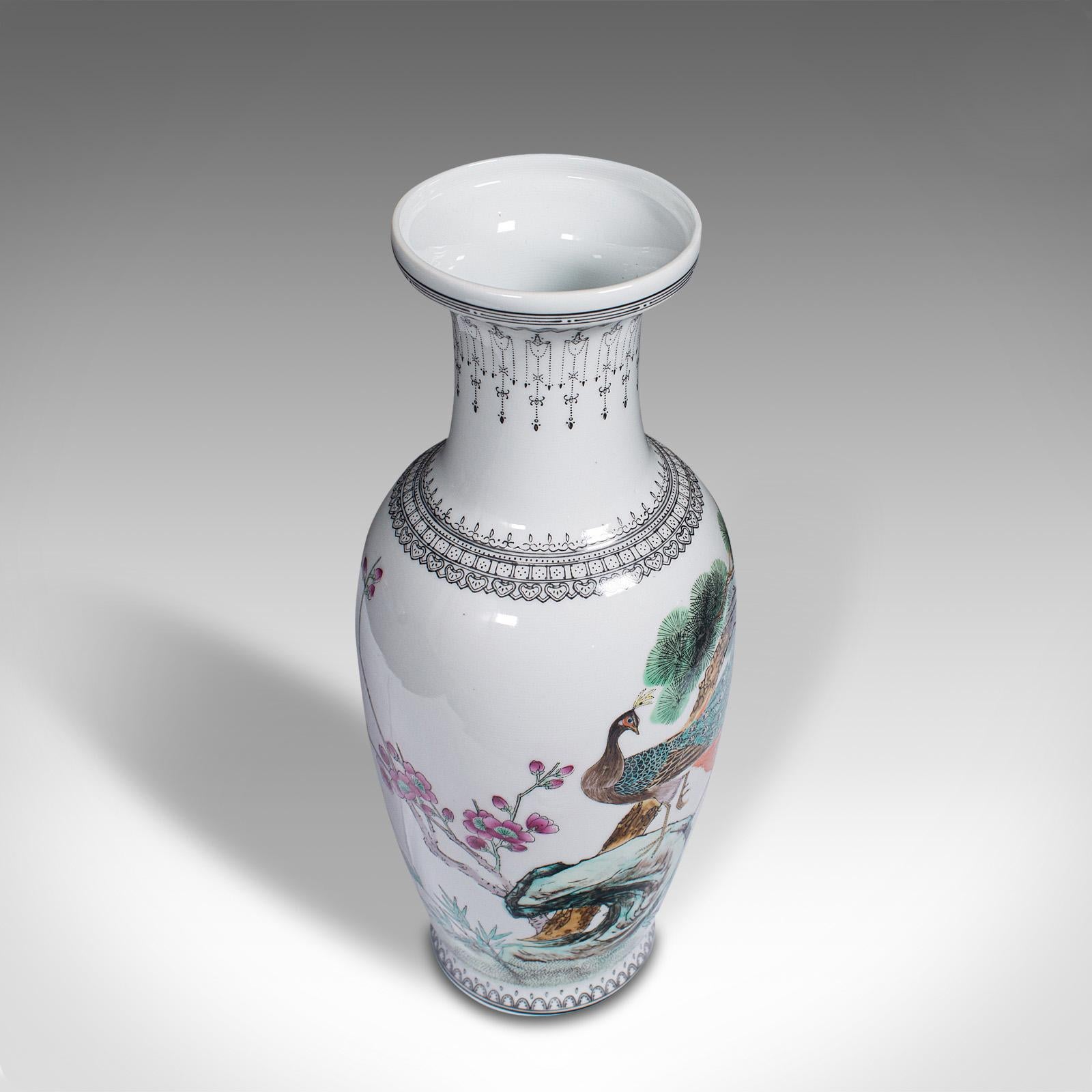 20th Century Vintage Flower Vase, Chinese, Ceramic, Decorative Urn, Peacock Motif, circa 1960 For Sale