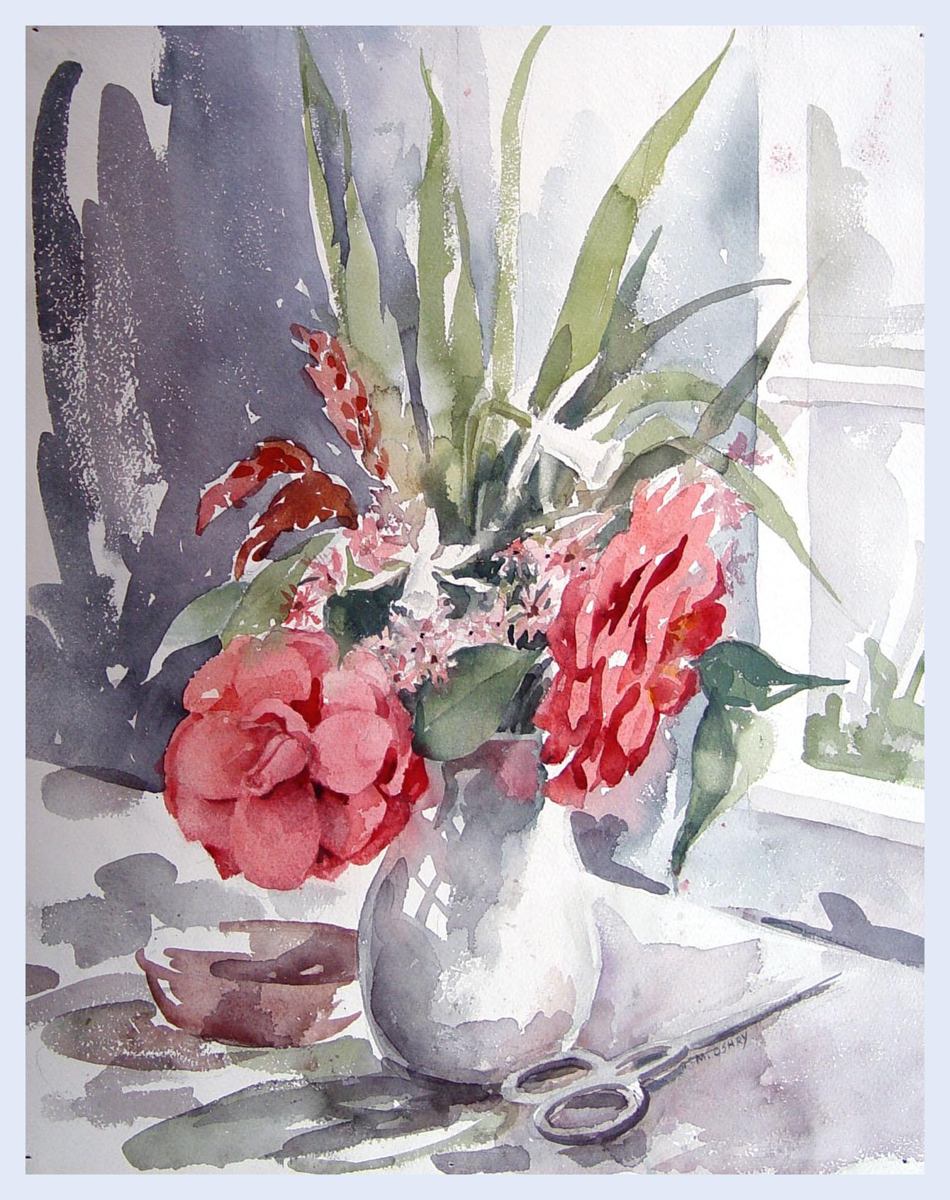 Country Nature morte vintage - Nature morte - Aquarelle - Fleurs à la fenêtre en vente