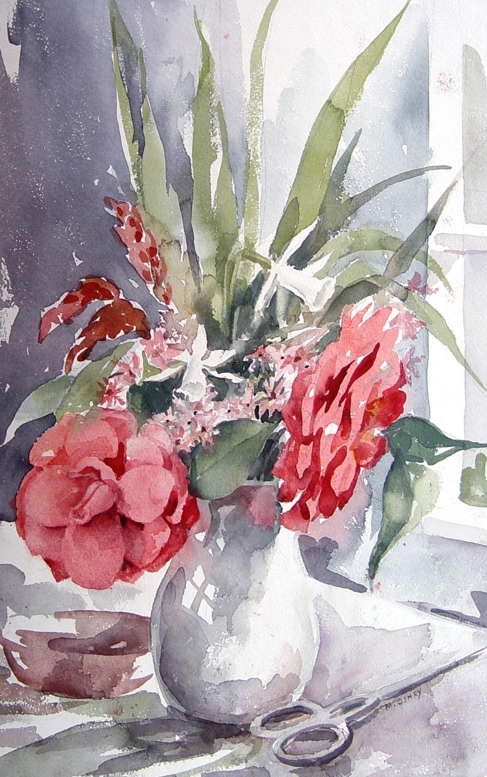 Américain Nature morte vintage - Nature morte - Aquarelle - Fleurs à la fenêtre en vente