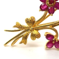 Vintage Flowers Brooch, 22k Yellow Gold, 2 Carat Natural Ruby Estate Ruby Brooch