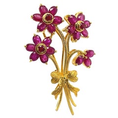 Vintage Flowers Brooch, 22k Yellow Gold, 2 Carat Natural Ruby Estate Ruby Brooch