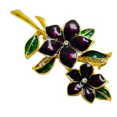 Vintage flowers gold tone rhinestone enamel designer brooch