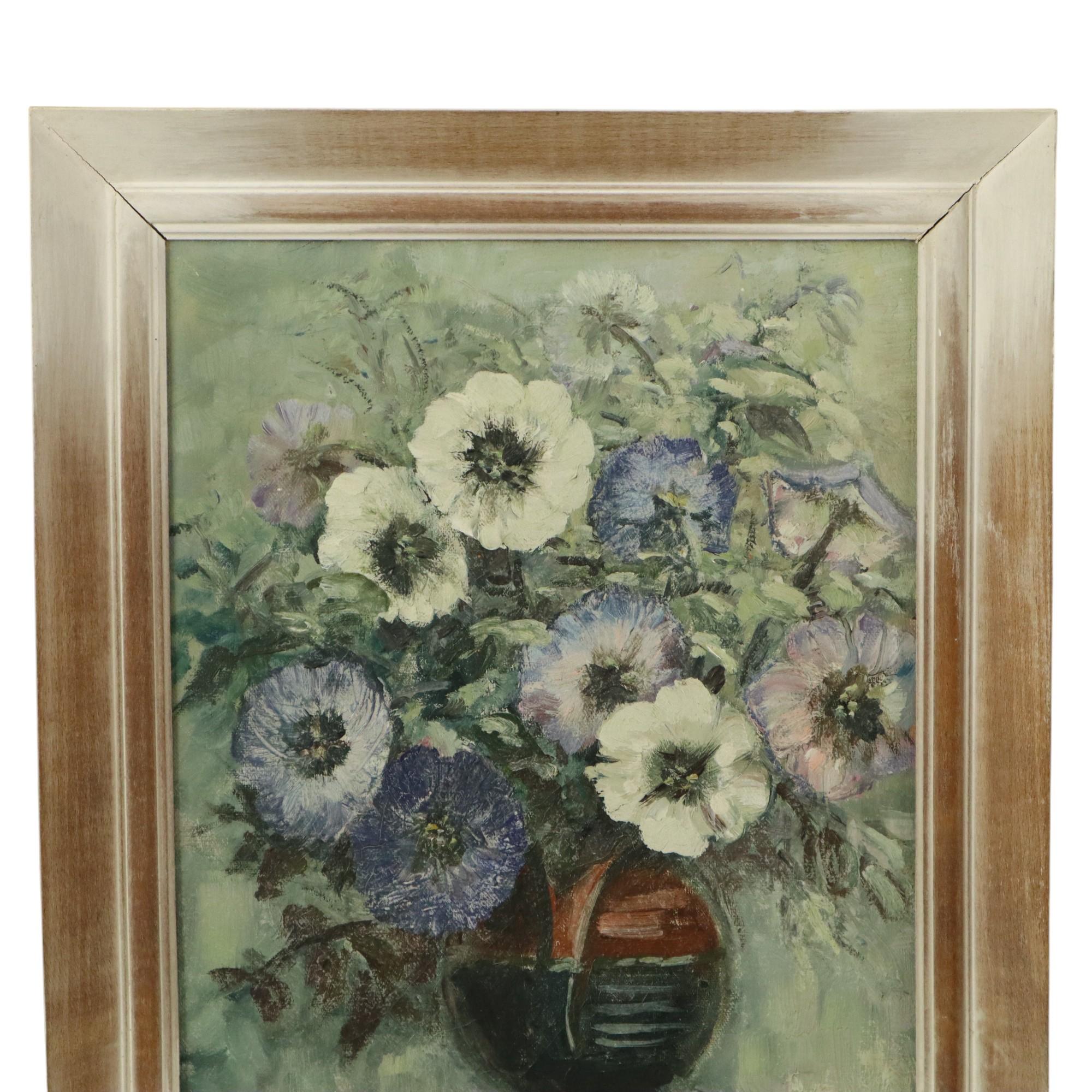 Nice vintage flower still life, painting of white and blue flowers in a two-tone vase, framed in a painted beech wood frame, signed lower left, circa second half of the 20th century, Belgium.

Affordable painting for those who still want to bring a