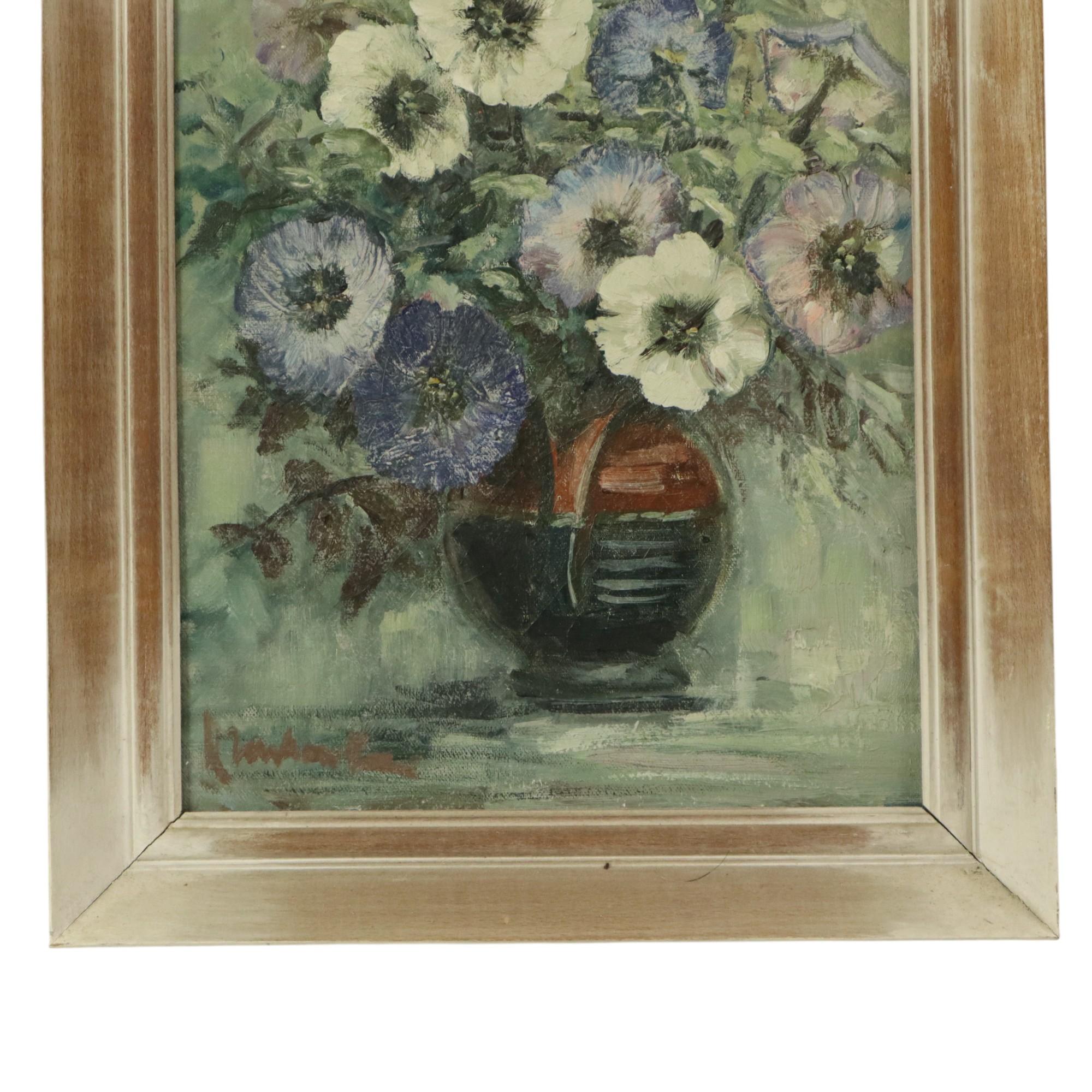Vintage Flowers Still Life Amateur Painting Framed Signed (Belgisch) im Angebot