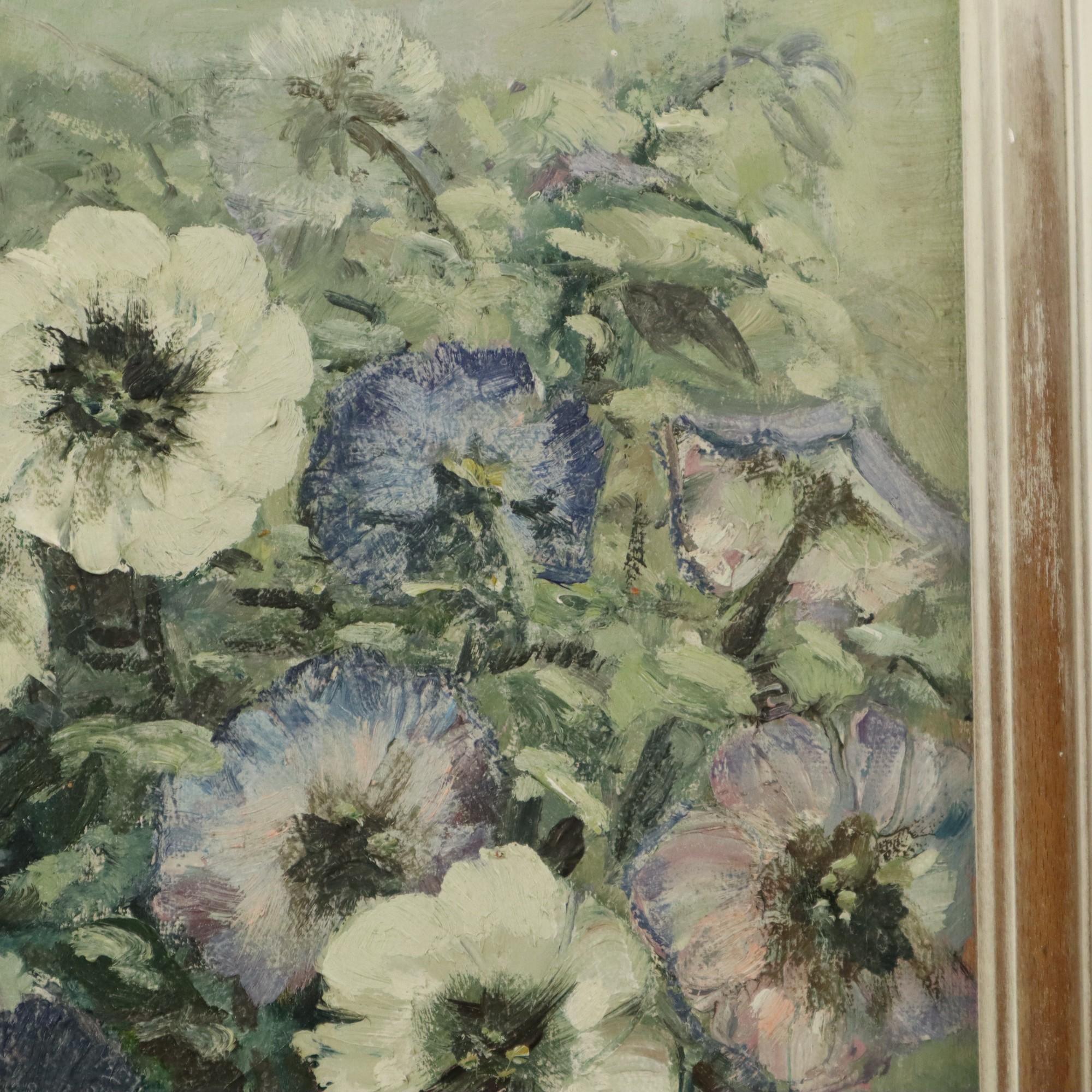 Vintage Flowers Still Life Amateur Painting Framed Signed (Leinwand) im Angebot