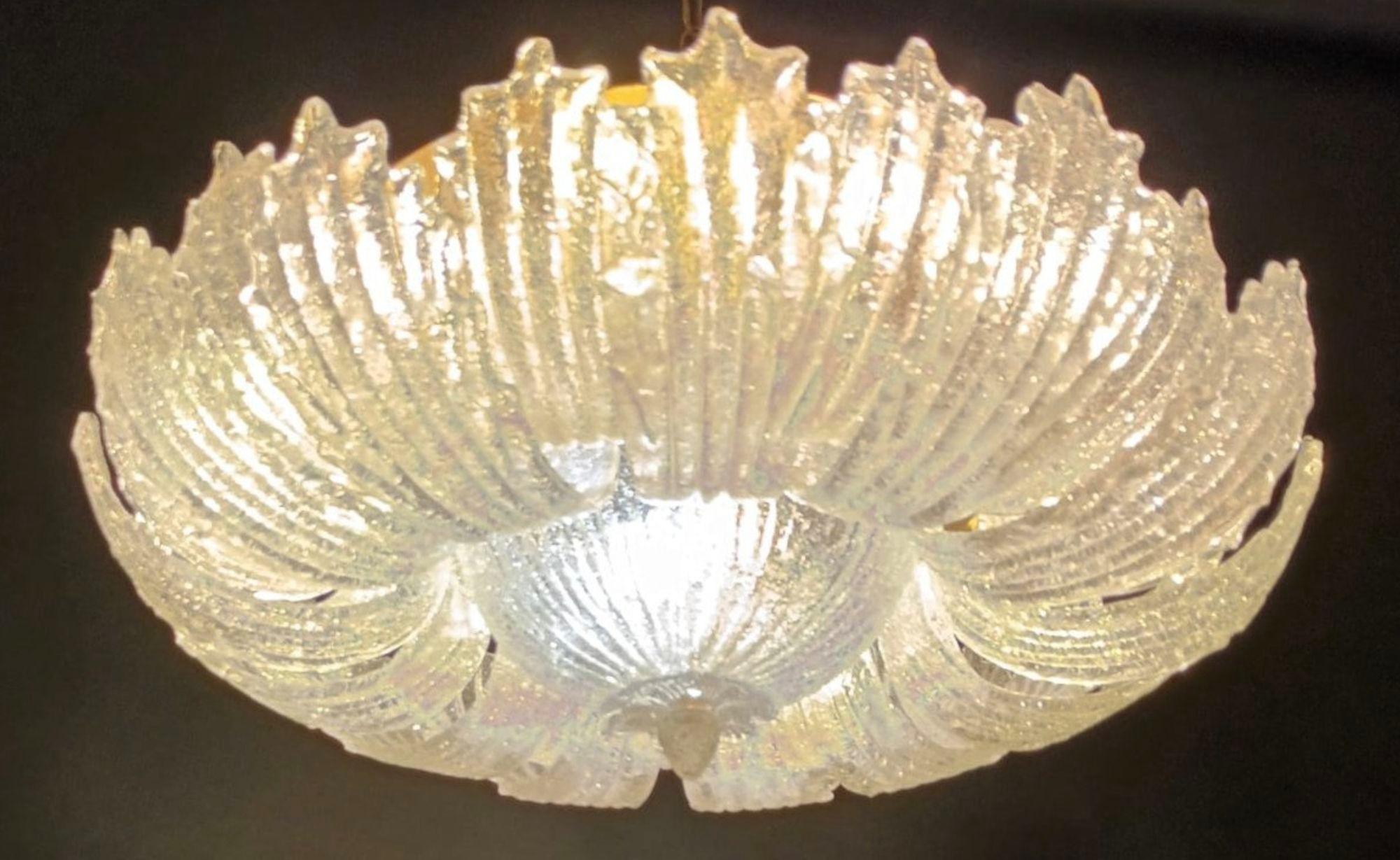 Italian Vintage Flush Mount with Clear Graniglia Murano Glass Leaves. Italy, 1960's. For Sale