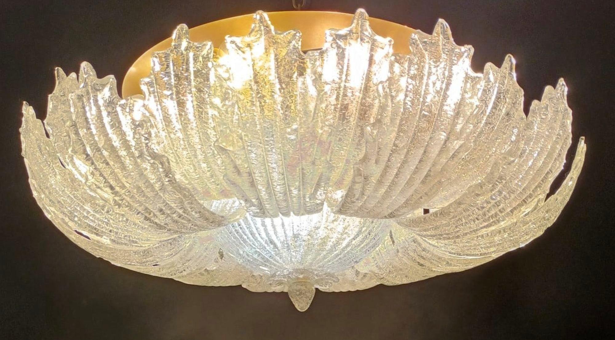 Mid-20th Century Vintage Flush Mount with Clear Graniglia Murano Glass Leaves. Italy, 1960's. For Sale