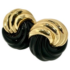 Retro Fluted 14K Yellow Gold and Black Onyx Knot  Earrings by Designer Maz