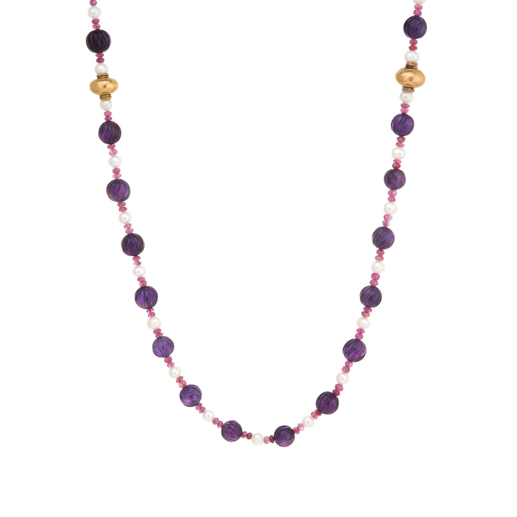 Women's Vintage Fluted Amethyst Ruby Pearl Bead Necklace 14 Karat Gold Long Jewelry