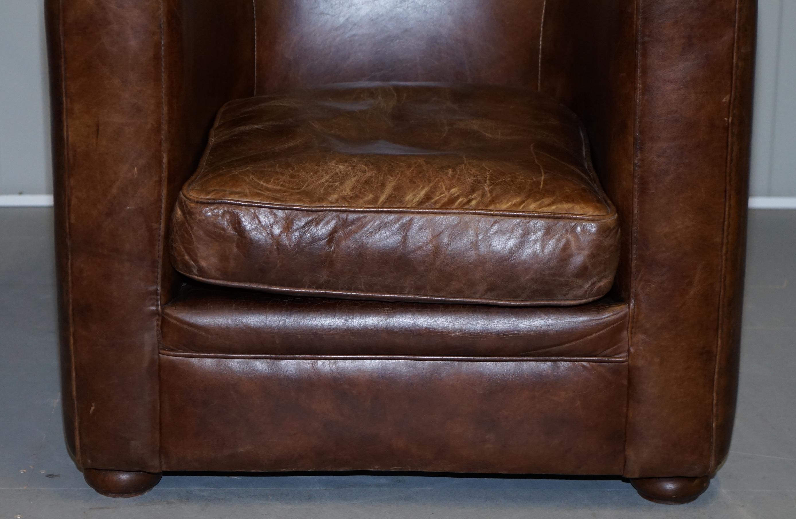 Vintage Fluted Back Art Deco Style Aged Heritage Brown Leather Club Armchair 4