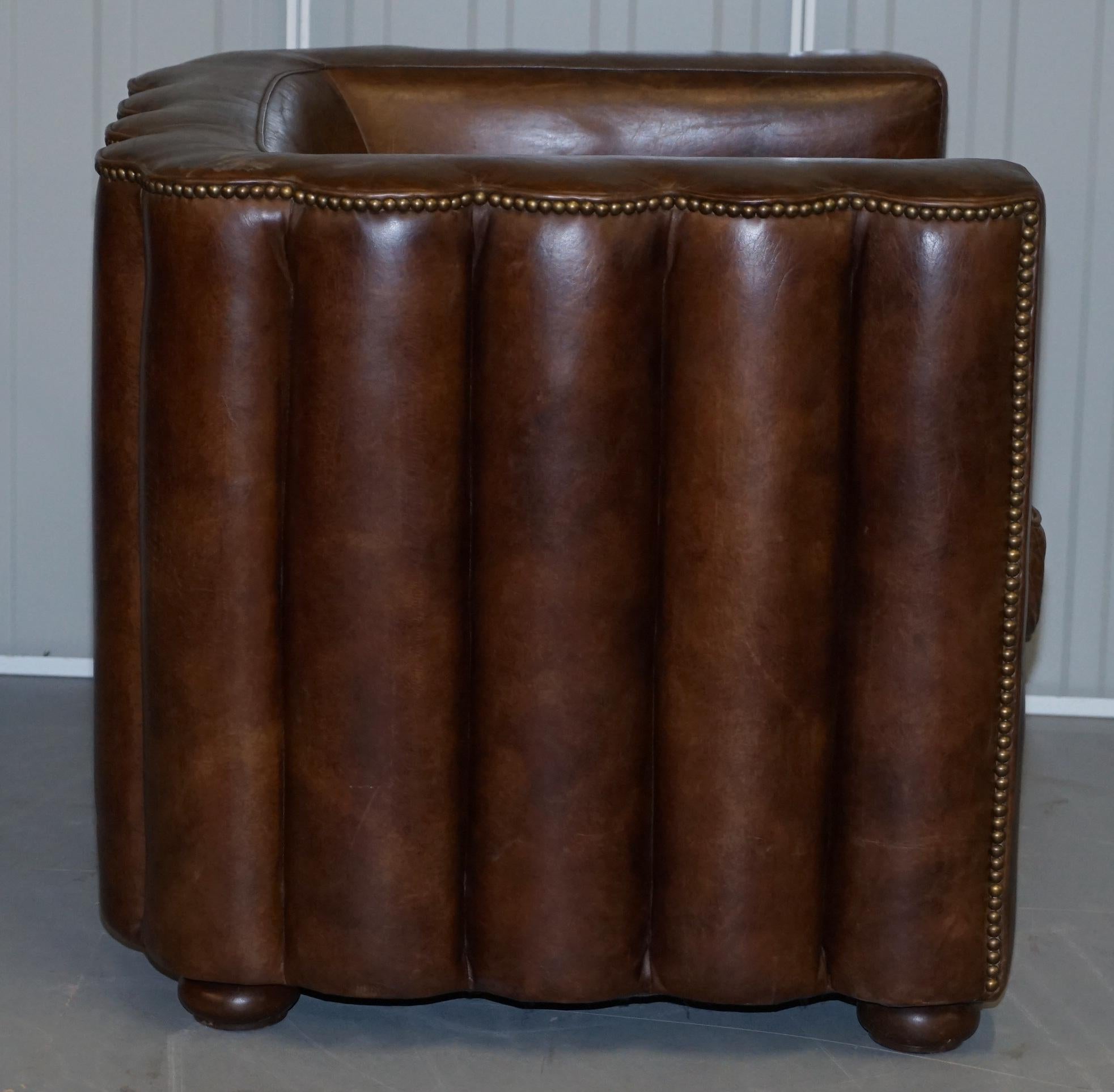Vintage Fluted Back Art Deco Style Aged Heritage Brown Leather Club Armchair 5