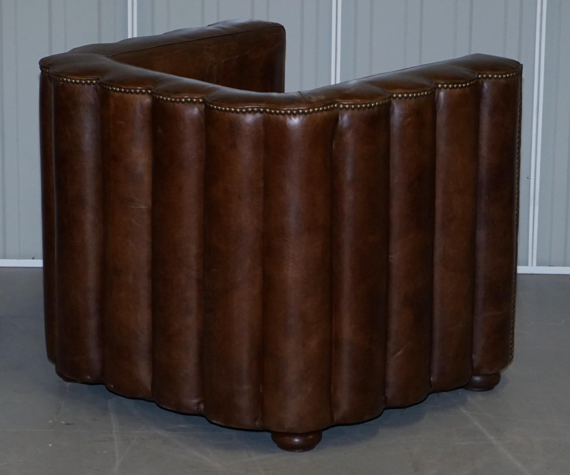 Vintage Fluted Back Art Deco Style Aged Heritage Brown Leather Club Armchair 6