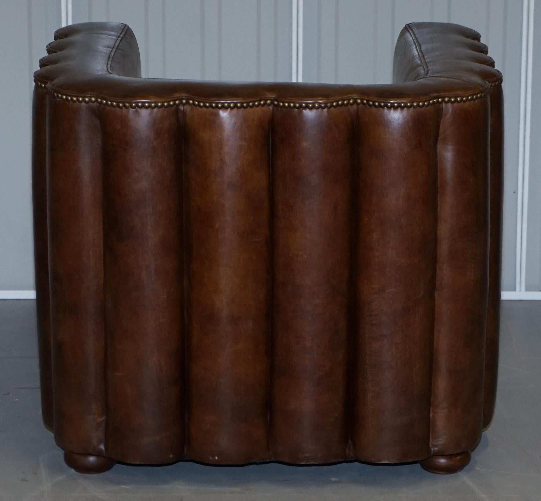 Vintage Fluted Back Art Deco Style Aged Heritage Brown Leather Club Armchair 7