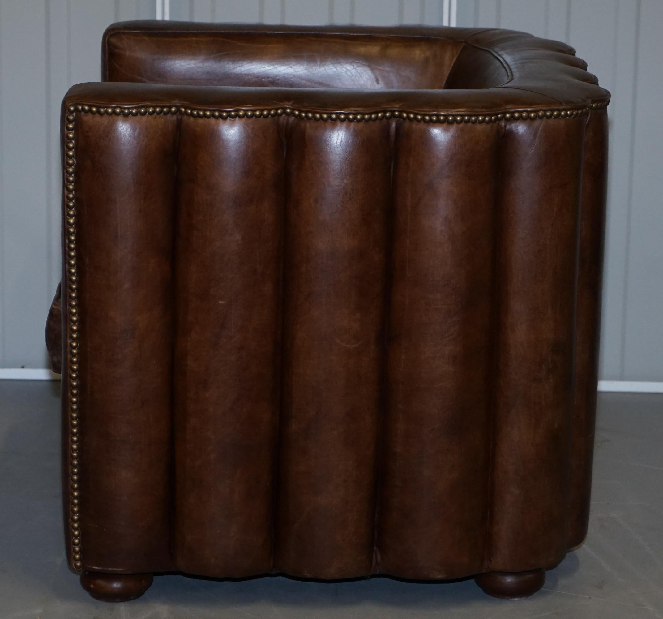 Vintage Fluted Back Art Deco Style Aged Heritage Brown Leather Club Armchair 7